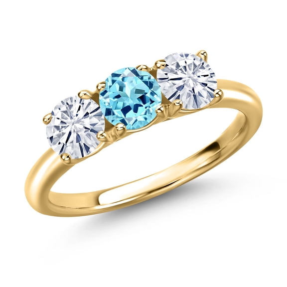 Gem Stone King 18K Yellow Gold Plated Silver Blue Apatite and White Moissanite Engagement Ring for Women | 1.50 Cttw | Round 5MM | Gemstone Birthstone | Size 7
