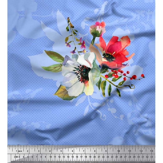 Soimoi Cotton Voile Fabric Dot,Leaves & Anemone Flower Print Fabric by Yard 42 Inch Wide