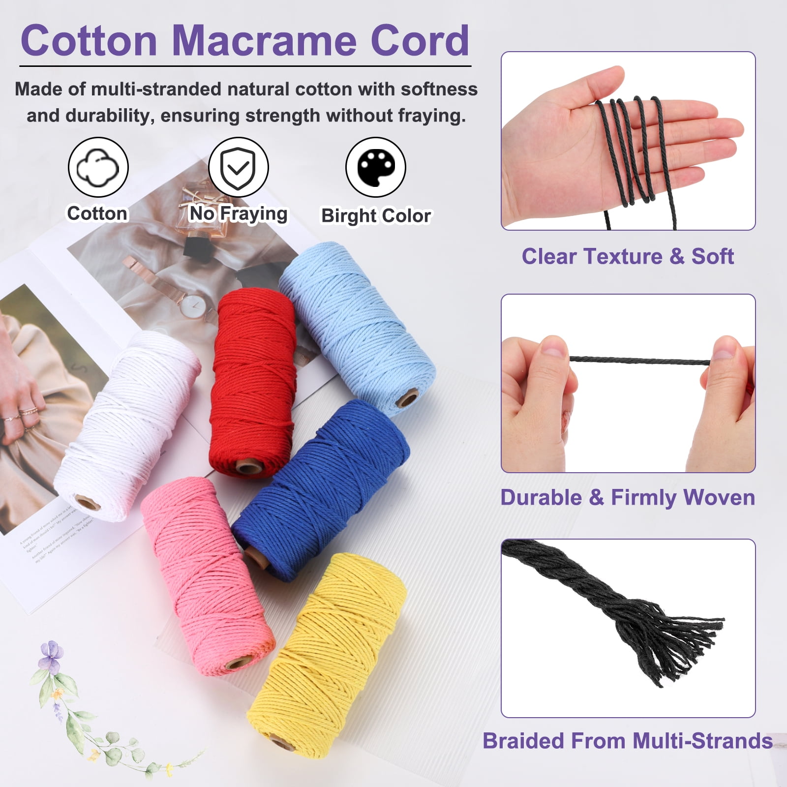 Braided Macrame Cord, 3mm x 109 Yards Natural Cotton Rope Macrame Yarn Bohemia Craft String with Scissors(Black)