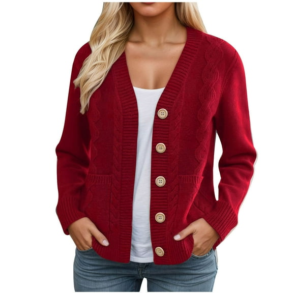APEXFWDT Women's Button-Up Sweater Cardigan - V-Neck Knit Sweater Jacket Long Sleeve Top with Pockets for Grocery Runs