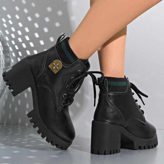 Bnwani Women Boots Footwear Winter Fashion Toe High-Heel Thick Chunky High Ankle Casual Solid Boot Black Size 5.5
