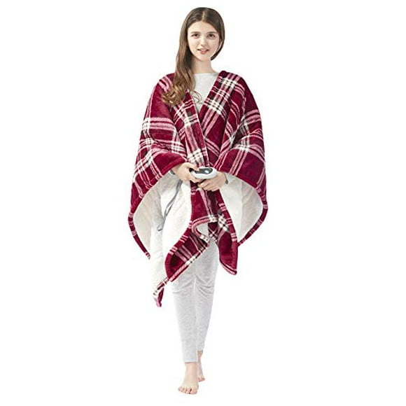 Beautyrest Ultra Soft Sherpa Berber Fleece Electric Poncho Wrap Blanket Heated Throw with Auto Shutoff, 50" W x 64" L, Red Plaid