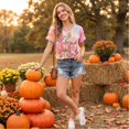 thumbnail image 3 of Halloween Women's Fall Short-Sleeve T-Shirts Autumn Pumpkin Printed Tshirts Western Country Music Graphic Tees Pink XXL, 3 of 7