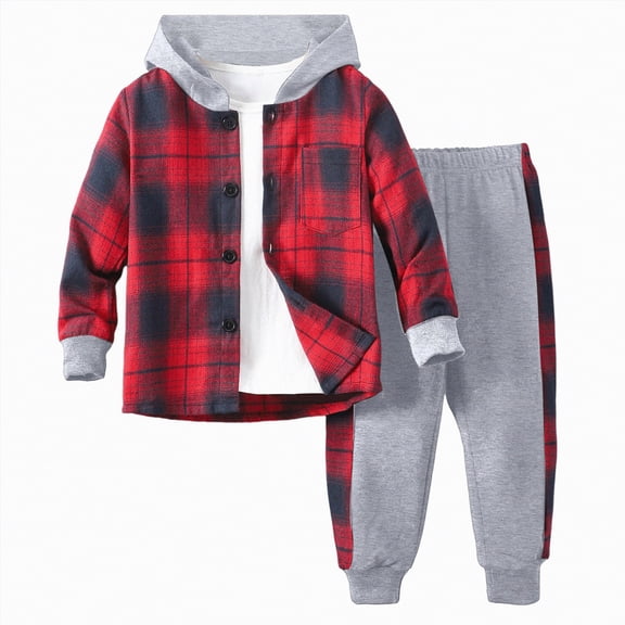 Towmus Toddler Baby Boy Fall Winter Clothes Casual Flannel Shirt Tops Plaid Hooded Jacket Color Block Sweatpants 2Pcs Unisex Outfit