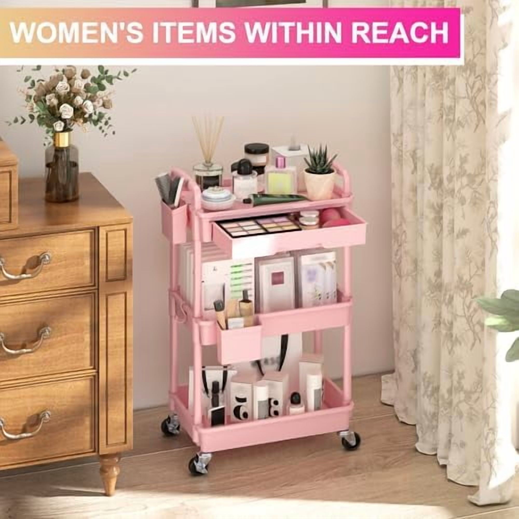 3 Tier Rolling Utility Cart Organizer with Removable Drawer, Stable and Sturdy Pink Rolling Storage Carts with 2 Lockable Wheels for Bathroom, Kitchen, Snack, Craft, Makeup, Baby Essentials