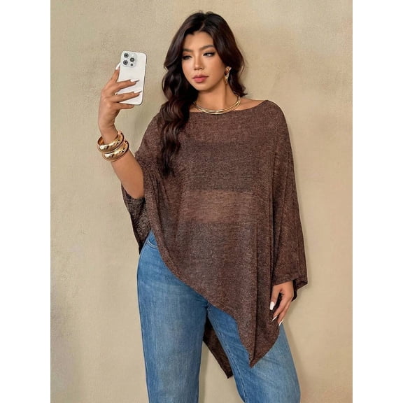 Women's Plus Size Cape Style Top, Round Neck Asymmetric Hem Loose Fit Poncho for Party, Evening, Everyday & Casual Wear