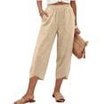 thumbnail image 2 of Linen Capri Pants for Women Elastic High Waist Tulip Hem Capris Loose Wide Leg Beach Cropped Trousers with Pockets Khaki XL, 2 of 9