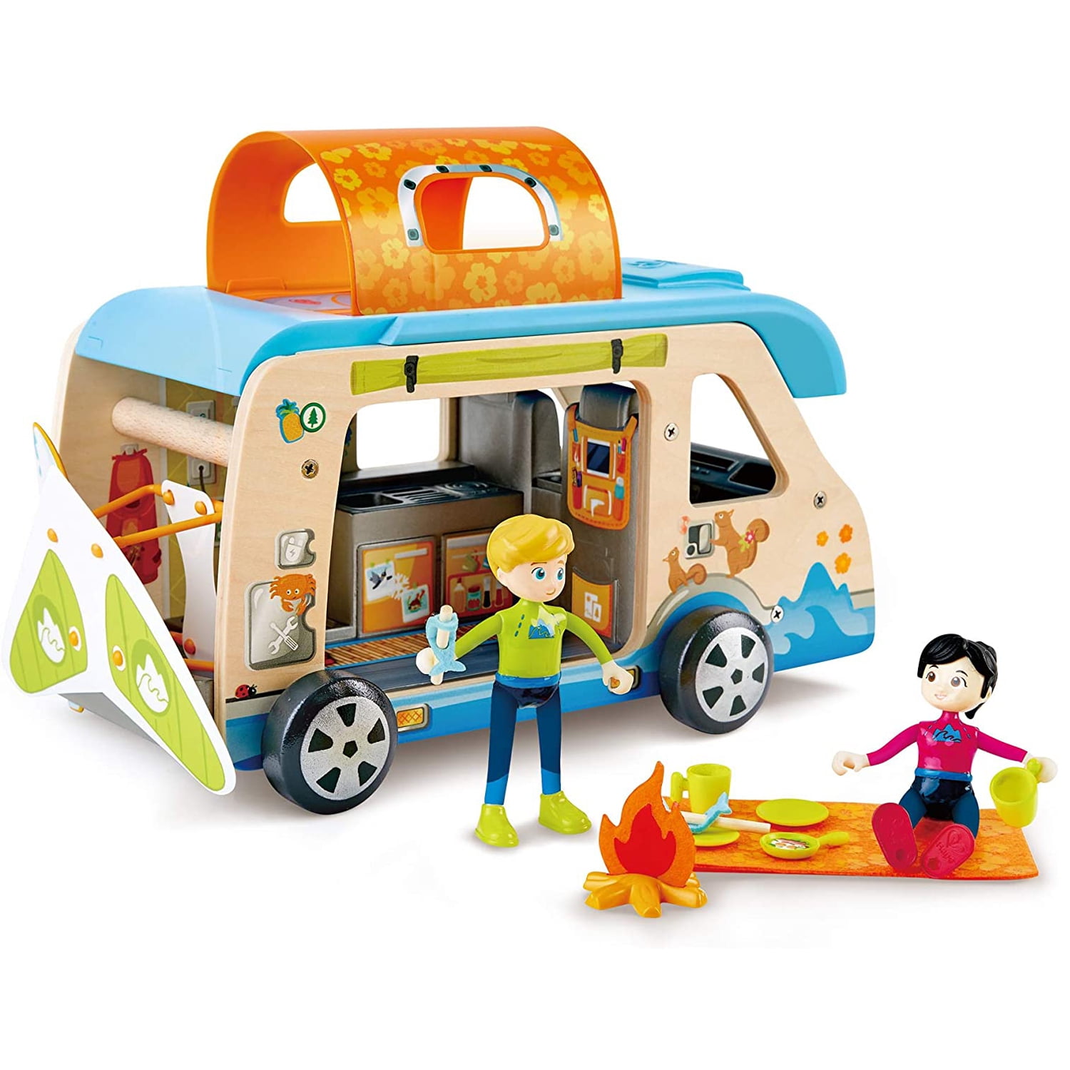 Hape Adventure Van 23 Piece Wooden Camper Toy Set for Kids 3 Years and