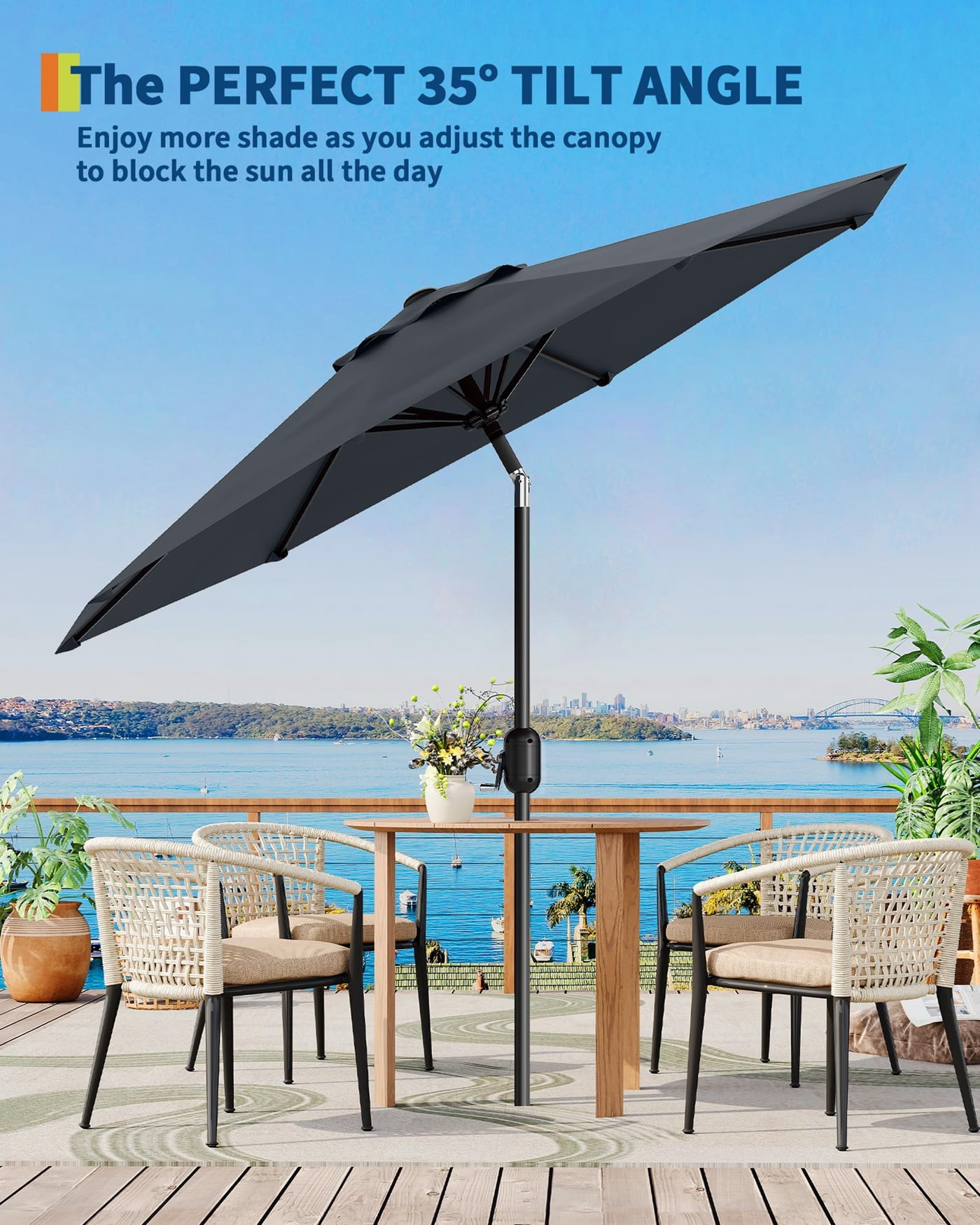 Arigeas 7.5ft Patio Umbrella, Outdoor Market Table Parasol with Push Button Tilt, 6-rib Frame and Crank