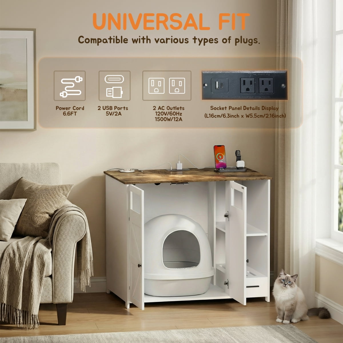 Hidden Cat Litter Box Enclosure Furniture – Large Dog-Proof Litter Box Cabinet with Power Strip, Compatible with Large Self-Cleaning Litter Boxes On-Site