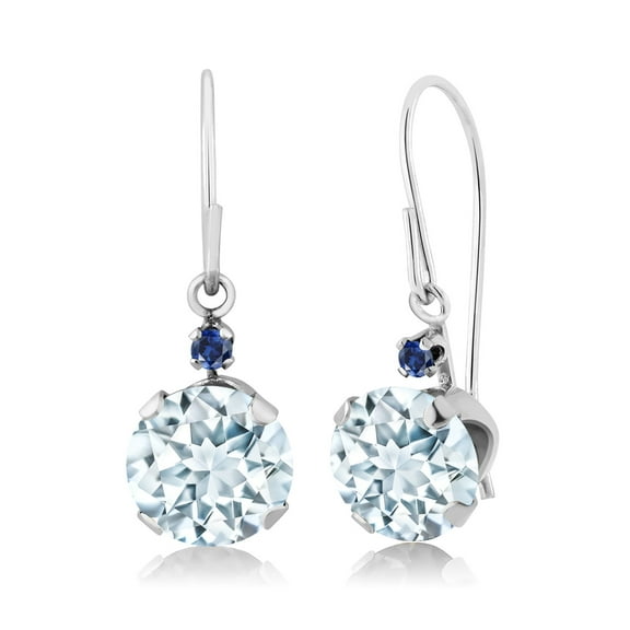 Gem Stone King 14K White Gold Sky Blue Aquamarine and Blue Created Sapphire Leverback Dangle Earrings for Women (1.53 Cttw, Gemstone March Birthstone, Round 6MM)