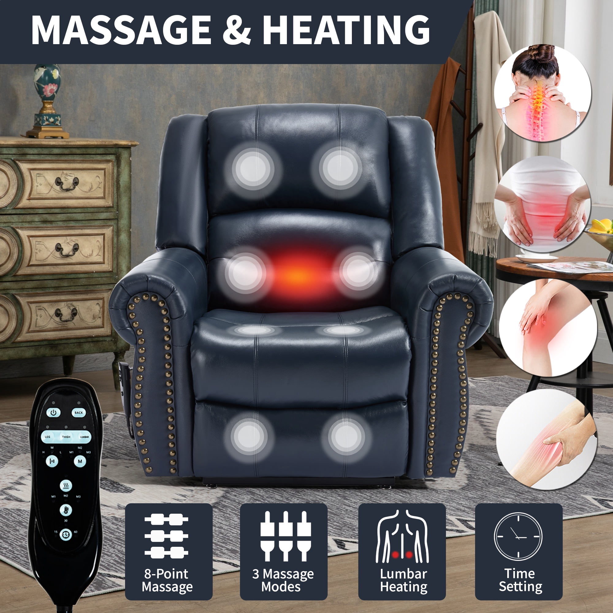 LEGAHOME Genuine Leather Power Lift Recliner Chair, Electric Infinite Position Lift Chair for Elderly with Heated and Massage, Reclining Sofa with USB Charging Port and Dual Motor, Blue