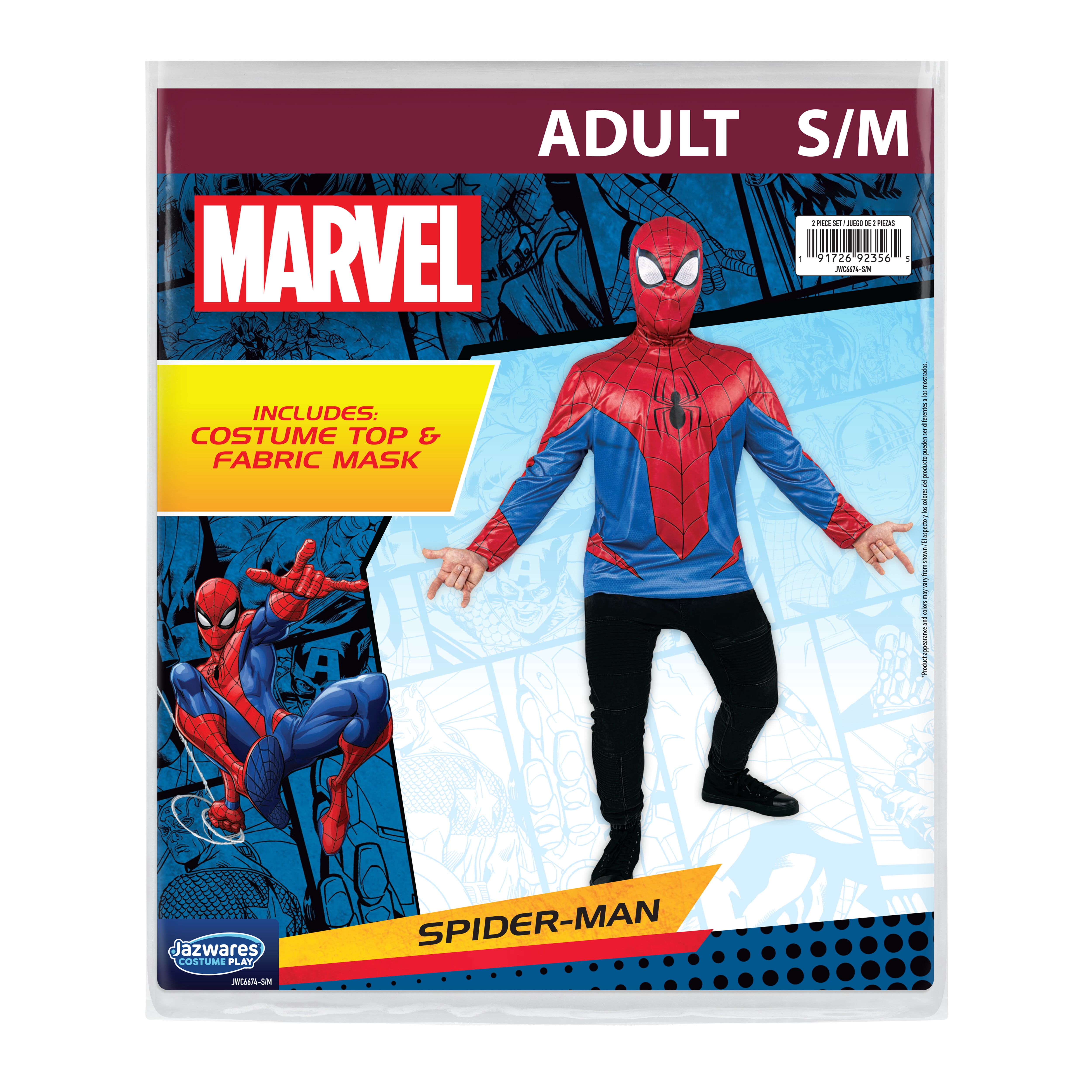 Marvel Spiderman Halloween Costume Top and Mask for Adults, Men's Size Small/Medium (28-34), by Jazwares