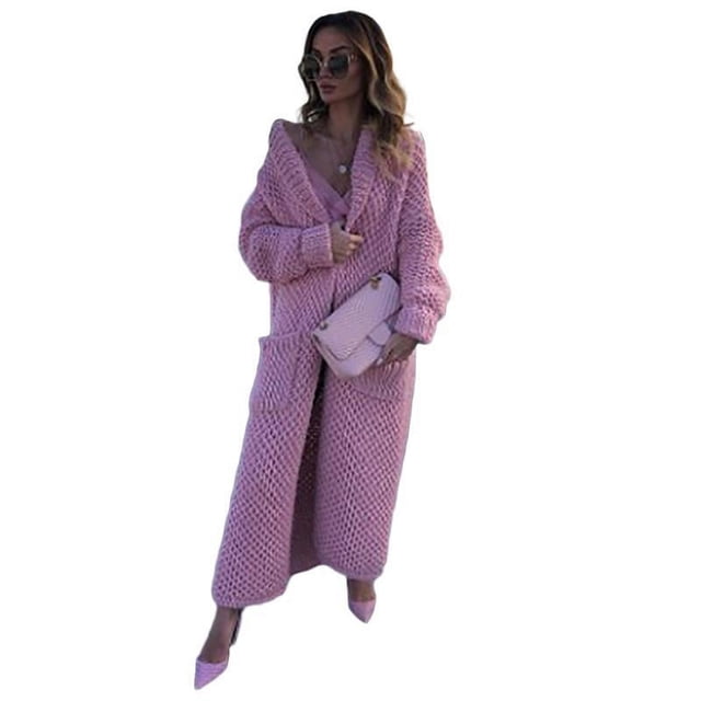 Suéter de punto con solapa de invierno para mujer, jersey de punto largo de talla grande y color liso con collage