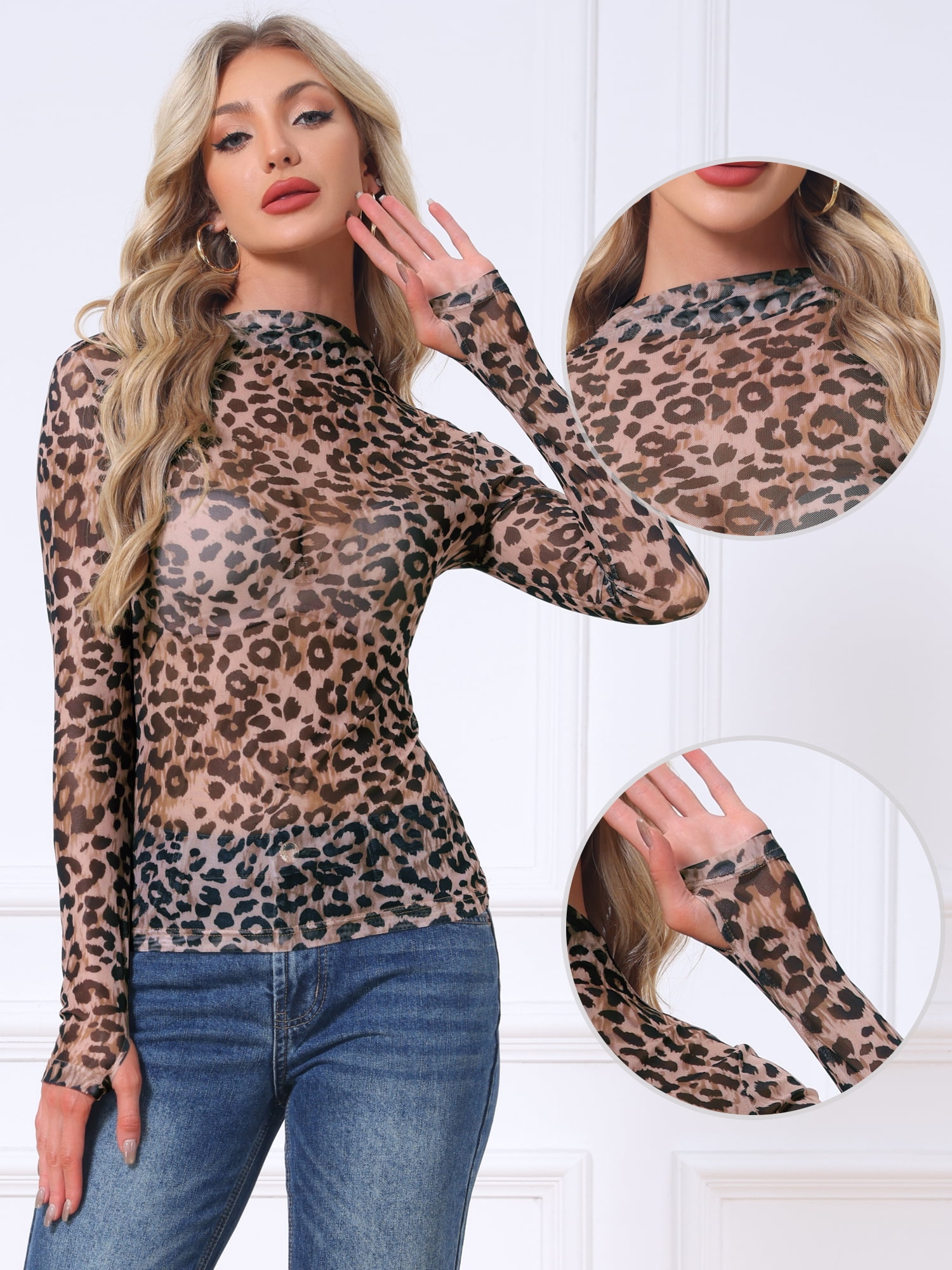 DARING DIVA Women's Leopard Print Long Sleeve Mock Neck Mesh Top L Brown Leopard Print