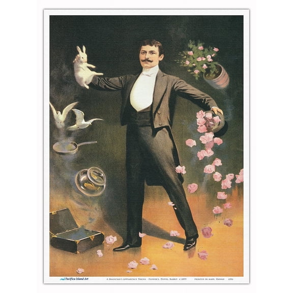 A Magician’s Appearence Tricks - Flower’s Doves Rabbit - Vintage Magic Poster c.1899 - Master Art Print (Unframed) 9in x 12in