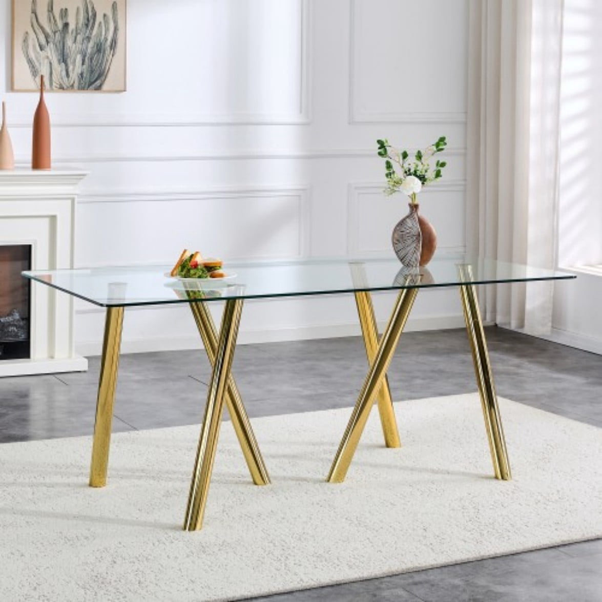 71" Tempered Glass Dining Table, Modern Large Kitchen Table with Sturdy Metal Legs, Round Edge Dining Room Table for Home & Family, Gold