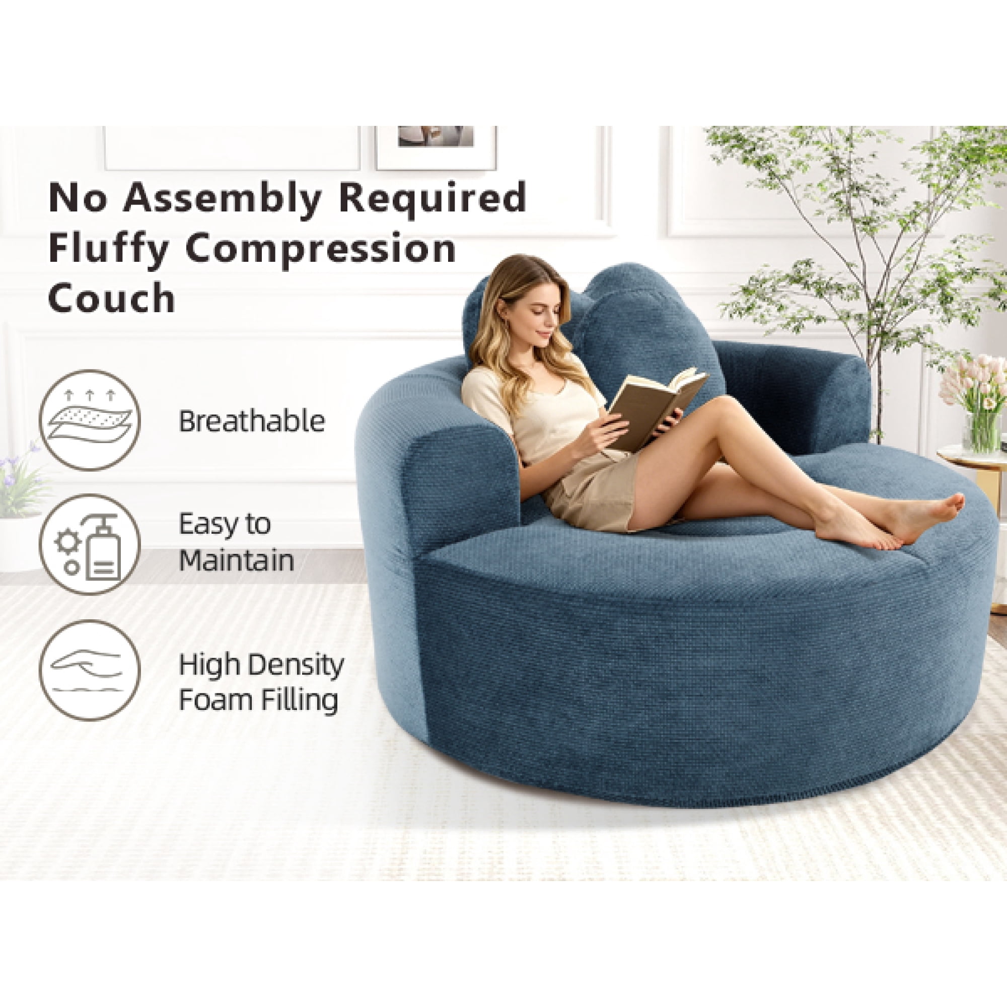 Leumius Oversized Round Chair Lounge Chaise Indoor,Upholstered Round Sofa Bed with Memory Foam,Comfy Cloud Circle Chair with Deep Seat for Living Room Bedroom,No Assembly Required,Blue