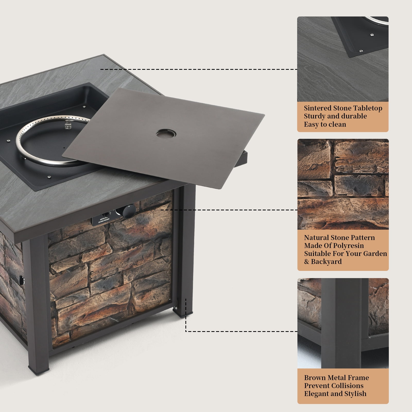 32'' Propane Fire Table for Ourdoor, Sintered Stone Tabletop & Polyresin Natural Stone Base, 50000 BTU Gas Fire Pit Table for Outside Patio and Garden, with Lava Rock