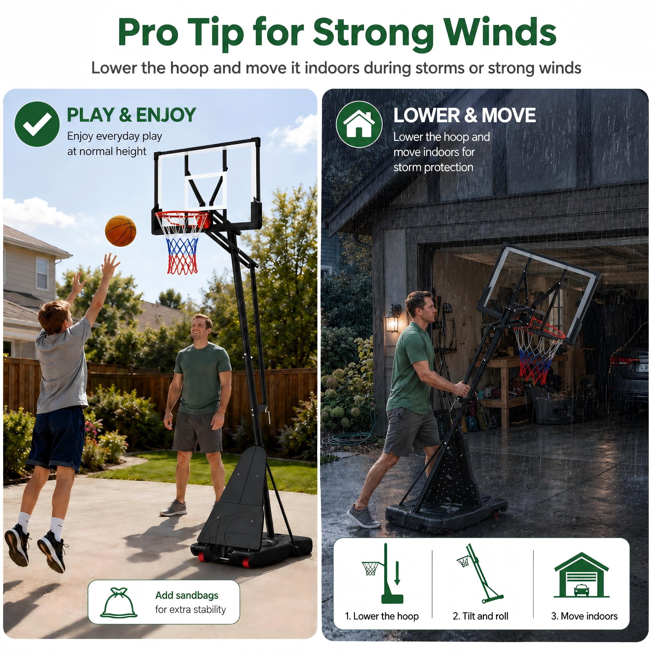GVDV Portable Basketball Hoop with 44" Shatterproof Backboard, Adjustable Height 4.5-10 ft for Kids, Teens & Adults, Indoor and Outdoor Use​