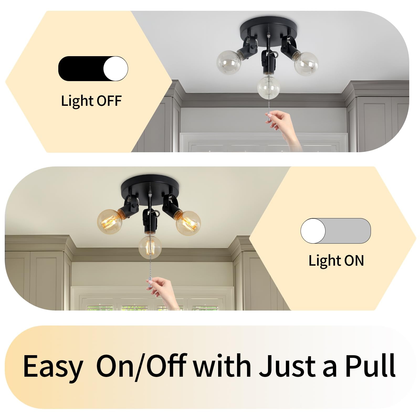 KEESFU 3-Light Industrial Flush Mount Ceiling Light, Black Fixture with Rotatable Heads and Pull Chain Switch for Bedroom Kitchen Hallway