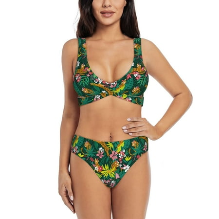 Zeuib Cute Tribal Leopards High Waisted Tummy Control Bikini Set - Knot Front Push Up Top & Cheeky Thong Bottom  Two-Piece Swimsuit for Women-Large