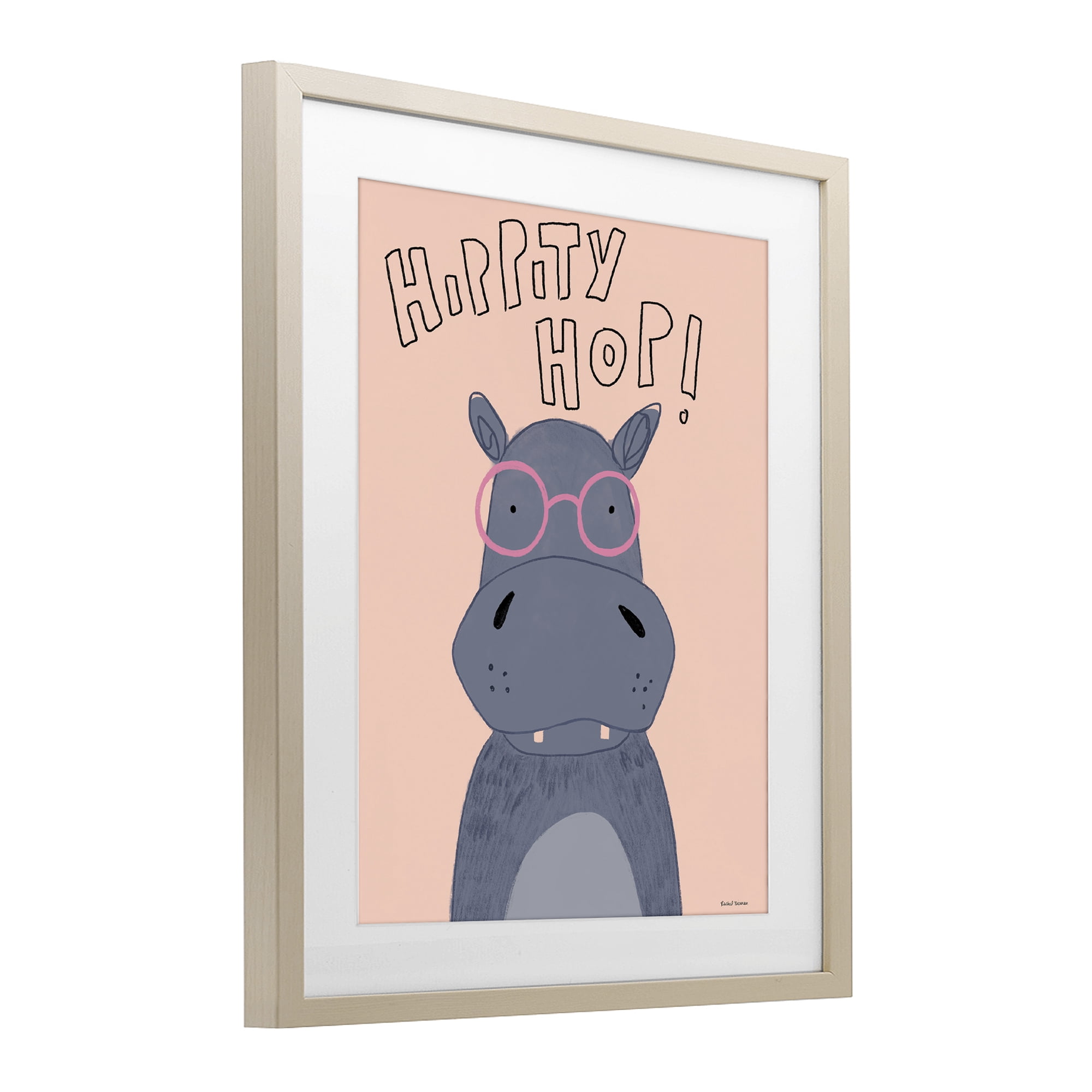 Stupell Industries Hippity Hop Hippo Birch Framed Print Under Glass, design by Rachel Nieman
