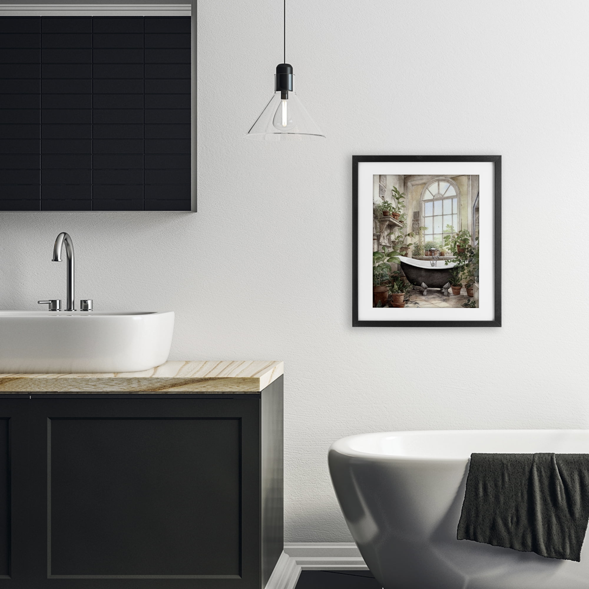 Vintage Sun Lit Bathtub Black Framed Print Under Glass, design by Lettered and Lined