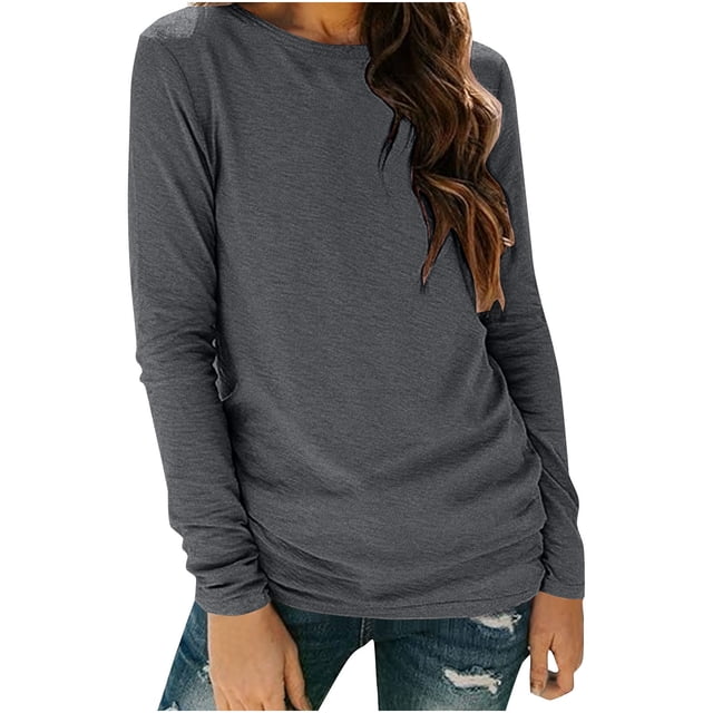 Plebaso Chandails à Manches Longues pour Femmes Col Rond T-Shirts Basiques Hauts Décontractés Couleur Unie T-Shirts Doux pour Femmes