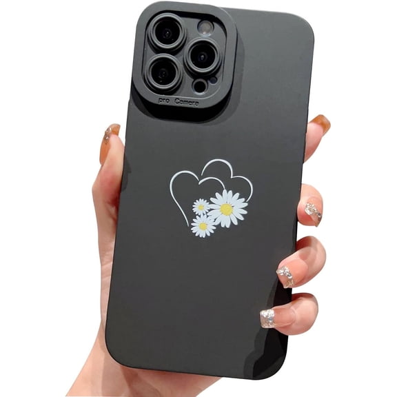 Compatible iPhone 13 Pro Case, Cute Daisy Flower Love Pattern Full Lens Protection Soft TPU iPhone 13 Pro Case for Women and Girls-Black