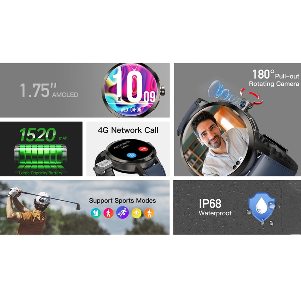 4G Smartwatch SL8541E Quad-Core 2GB 16GB Rotating Camera Men's Watch 1.75-inch AMOLED Large Screen Android 8.1 Smartwatch 1520mAh WiFi Bluetooth GPS Fitness Tracker Sports Watch (Black)