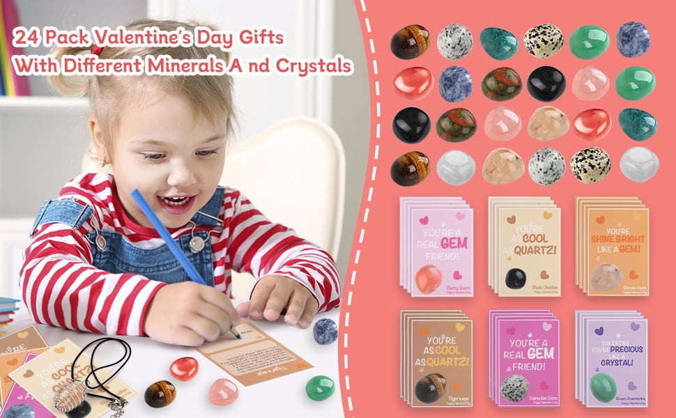 24 Sets Natural Gemstone Crystals Rocks Minerals Necklace Bulk, Exchange Card for Kids Girls Boys Class Classroom Party Favors