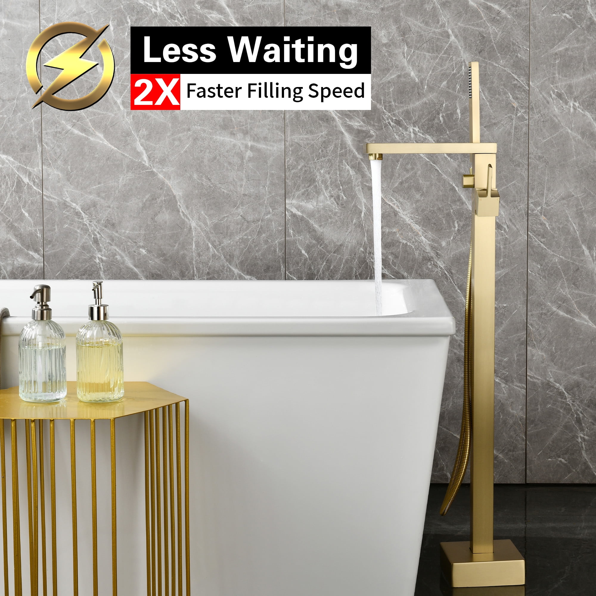 SUMERAIN Brass Floor Mount Bathtub Faucet with Handheld Shower, High Flow Bathroom Freestanding Tub Filler Faucet Brass Single Handle, Brushed Gold