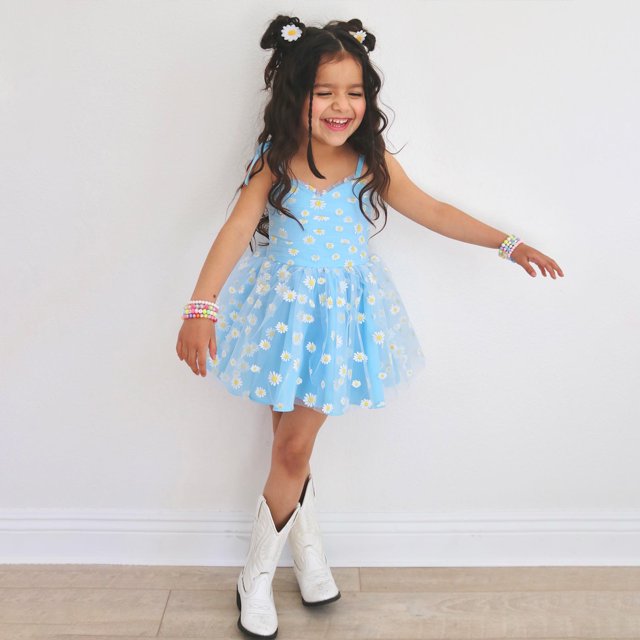 Txlixc, vestido de princesa para niñas pequeñas, vestido de tirantes sin mangas con estampado de margaritas, vestido informal de verano con tirantes finos y tutú de malla Txlixc Moda