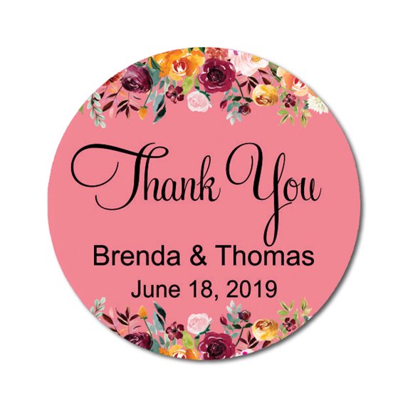 Darling Souvenir Round 45 Pcs Floral Thank You Stickers Personalized Wedding Bride Groom Names And Date Envelope Seals-Salmon