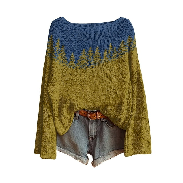 WTXUE Chandail Femme Fair Isle Tricot Boho Chandails Rétro Hiver Automne Décontracté Ample Col Rond Manches Longues Léger Imprimé Art Vintage Chandail Hauts T-Shirts Basiques Couche Chaude Hiver Jaune m