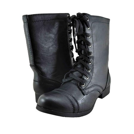 Leather Lace Up Combat Boots - Soda Relax Women's Lace Up Faux Leather Combat Boot