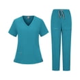 thumbnail image 3 of Scrub Set for Women Modern Fit V-Neck Short Sleeve Top & Multi-Pocket Cargo Pants with Yoga Waistband, #03 Turquoise, L, 3 of 4