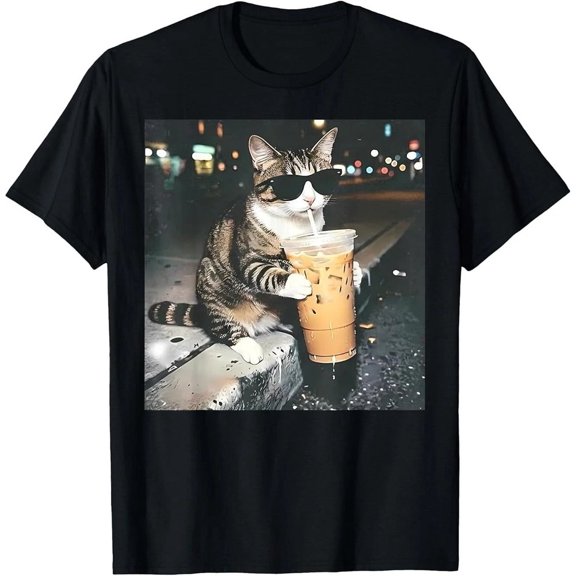 Funny Cat Drinking Iced Coffee Funny Cat Lover Animal Meme T-Shirt