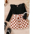 thumbnail image 4 of Seyurigaoka 3Pcs Toddler Baby Girls Skirt Set Long Sleeve Crew Neck Ribbed T-shirt + Plaid Pattern Skirt + Belt Fall Casual Outfit, 4 of 9