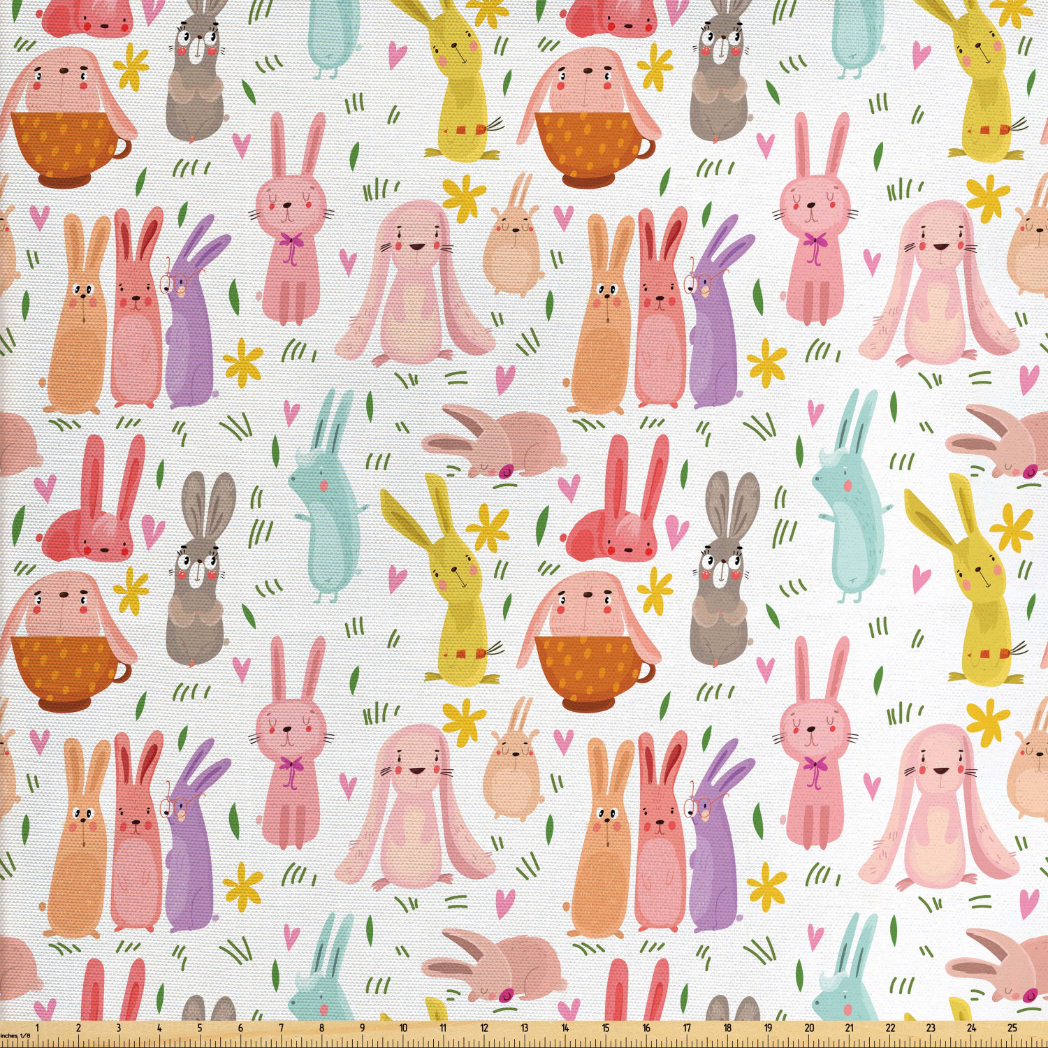Bunny Fabric by The Yard, Funny Nursery Animals with Flowers Colorful