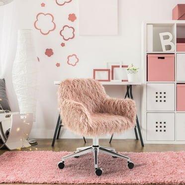 QuellQuest Fluffy Office Desk Chair, Faux Fur Modern Swivel Armchair with Wheels, Soft Comfy Fuzzy Elegant Accent Makeup Vanity Chairs for Women Girls, Home Living Dressing Room Bedroom