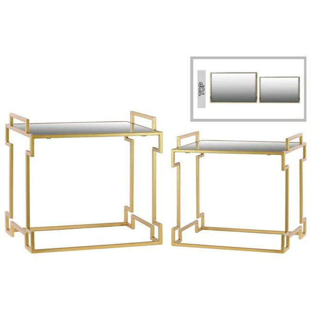 Urban Trends Collection 36122 Metal Rectangular Nesting Accent Table with Mirror Top Side Handles - Round Base, Metallic & Gold - Set of 2