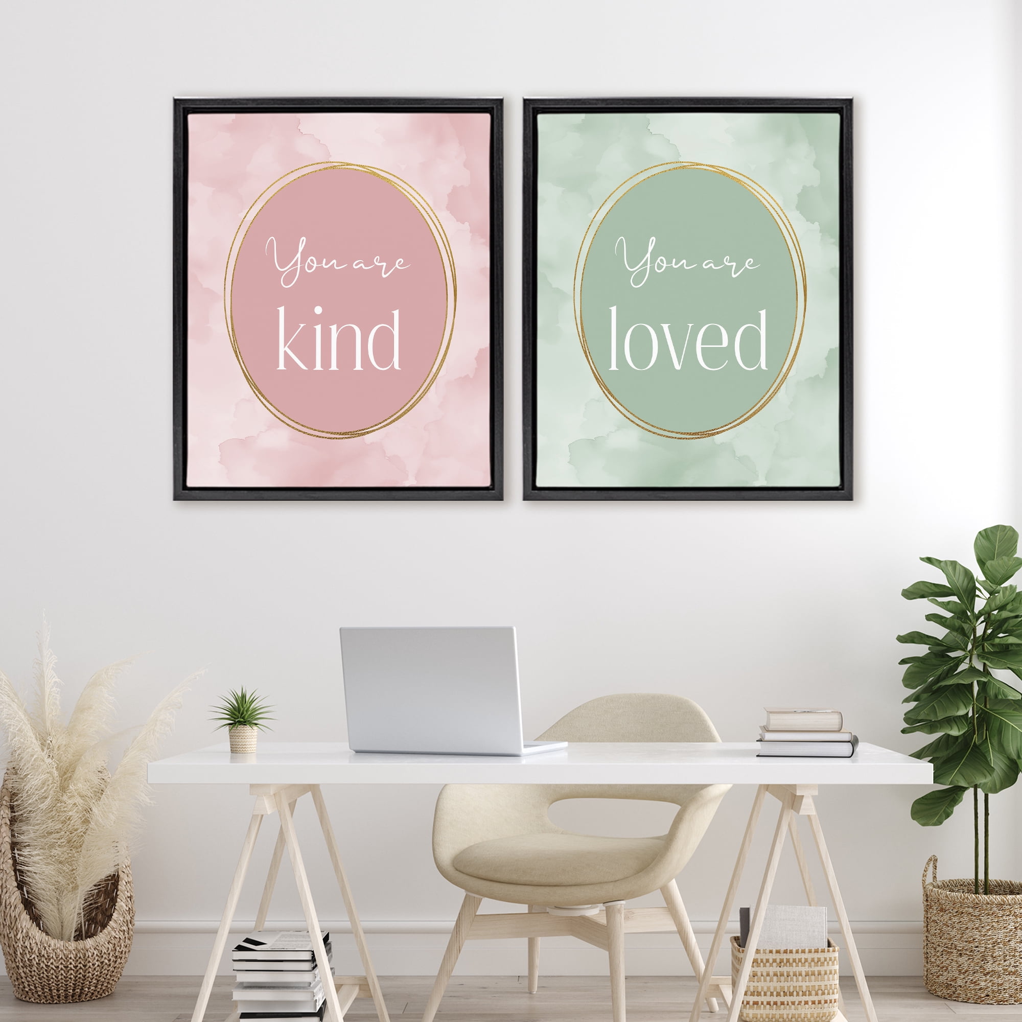 Stupell Industries Pastel Golden Affirmations 2 Piece Black Framed Floater Canvas Set, design by Christine Simpson Art