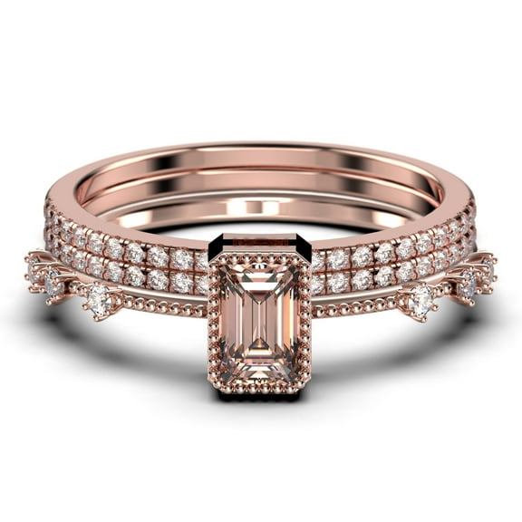2.25 Carat Emerald Cut Morganite And Diamond Moissanite Thin Engagement Ring, Slim Wedding Ring in 925 Sterling Silver With 18k Rose Gold Plating Trio Rings Set, Promise Ring, Anniversary Ring