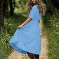 thumbnail image 6 of Asxite Summer Dresses for Women Casual Solid Flowy Round Neck Drawstring Short Sleeve Midi Sundress, 6 of 6