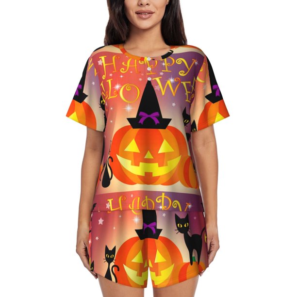 Fotbe Halloween Conjunto de Pijama Estampado para Mujer, 2 Piezas, Ropa de Dormir con Camiseta de Manga Corta y Shorts Suaves-Medium