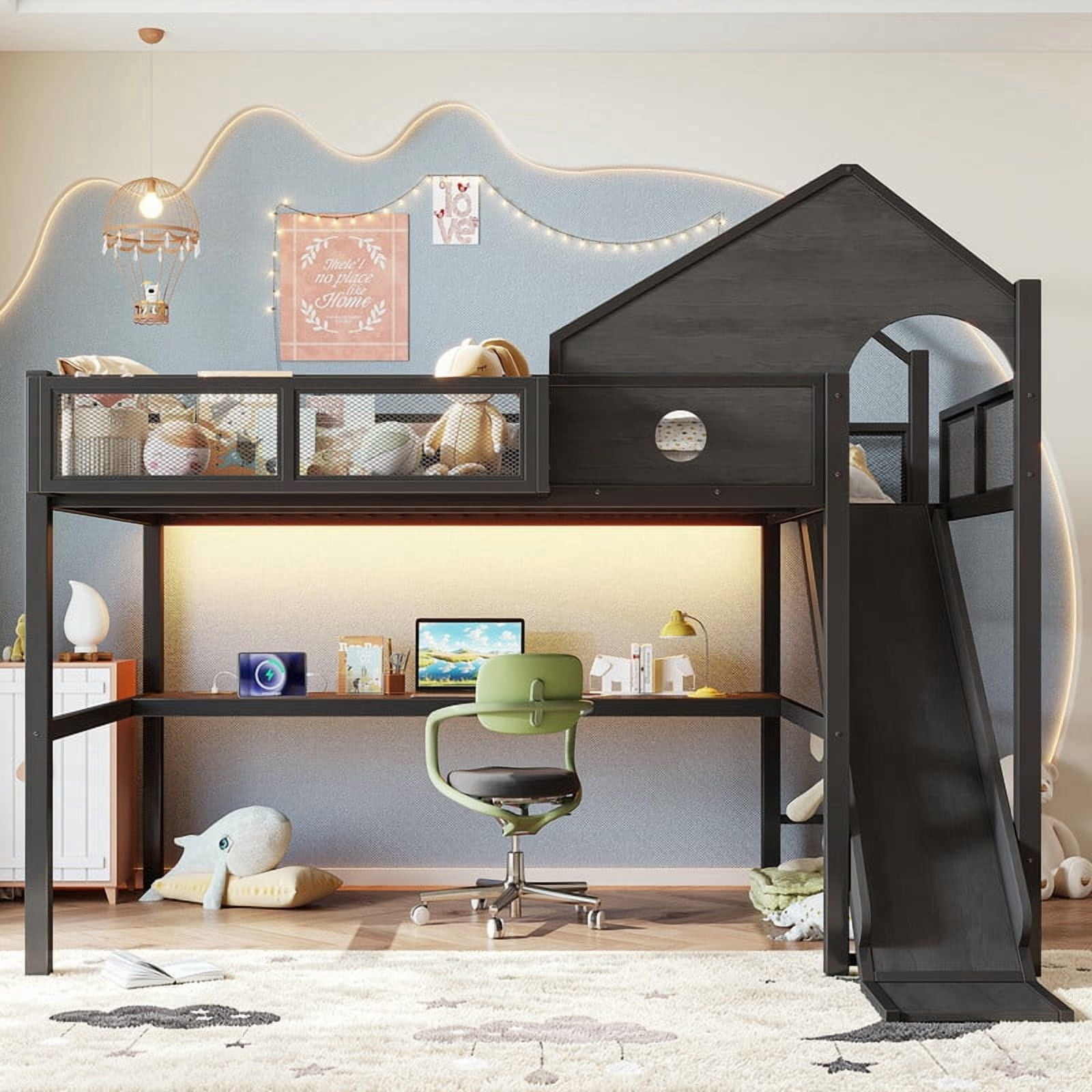 Full Size House Shaped Kids Loft Bed with Slide, Teens Metal Bed Frame with LED Lights, Desk, Power Outlet & Storage Shelf