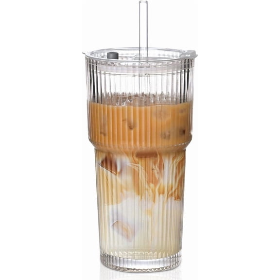 20 oz ribbed glass with lid and straw, 1 glass with straw and lid, iced coffee cup, water cup for juice whiskey cocktail beer