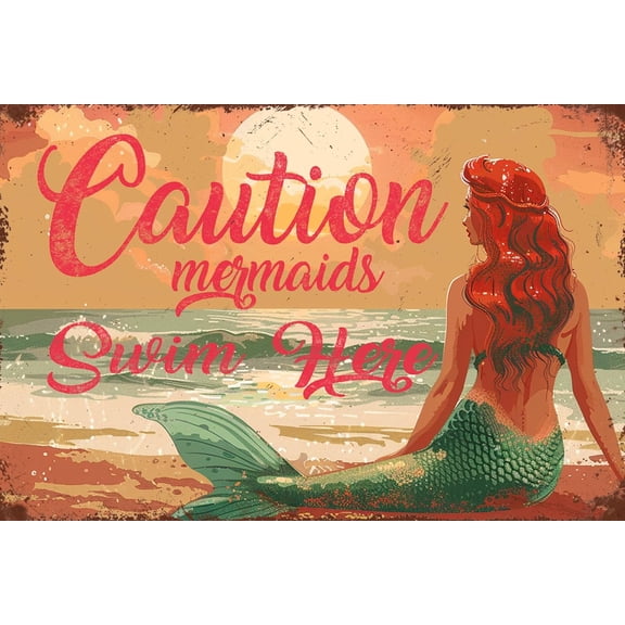 Mermaid Metal Caution Sign, Vintage Tin Wall Art Decor for Home, Swimming Pool or Beach, 8 x 12 Inch